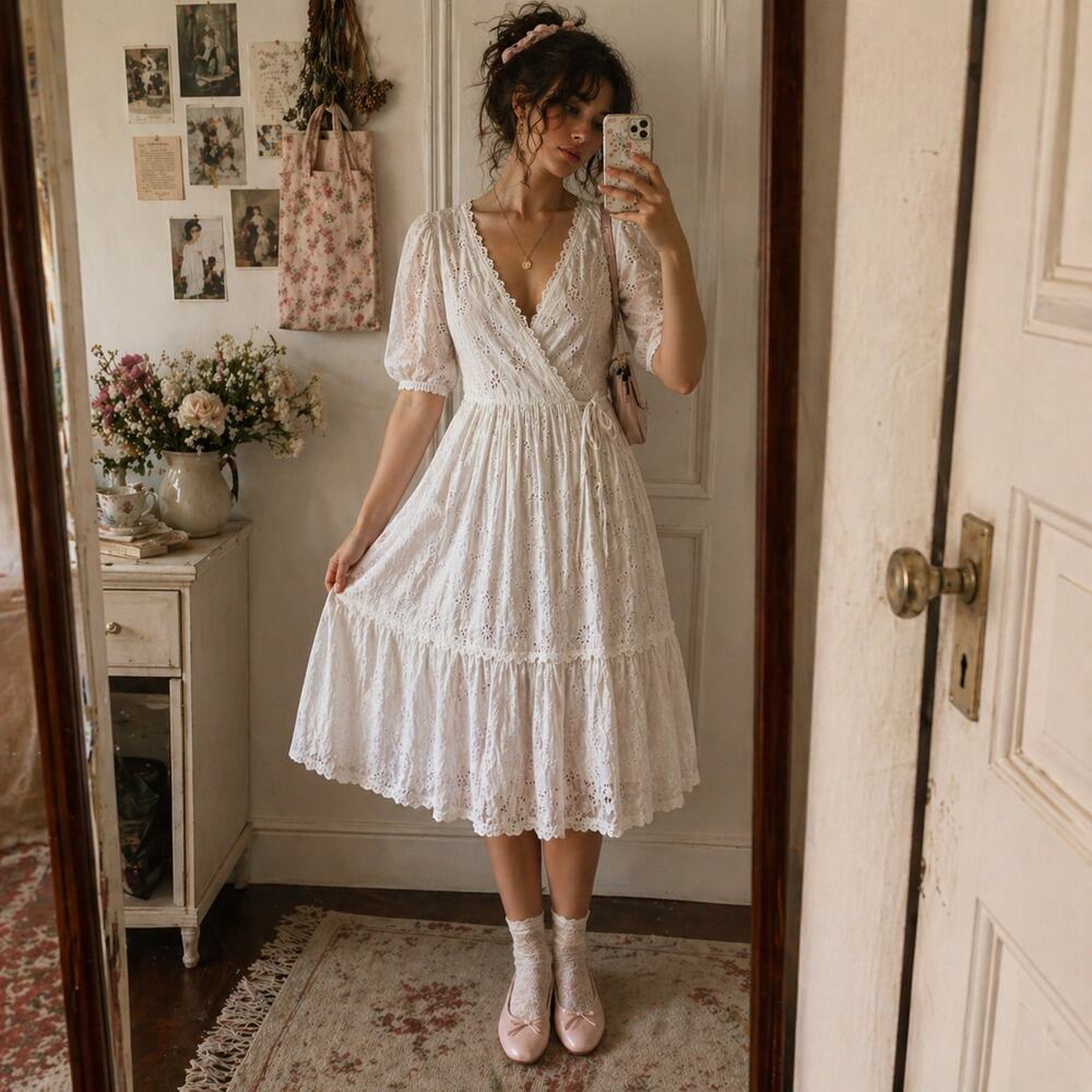 Rebecca Taylor La Vie Sz S Lucie Eyelet Lace Midi Wrap Dress Milk White Coquette